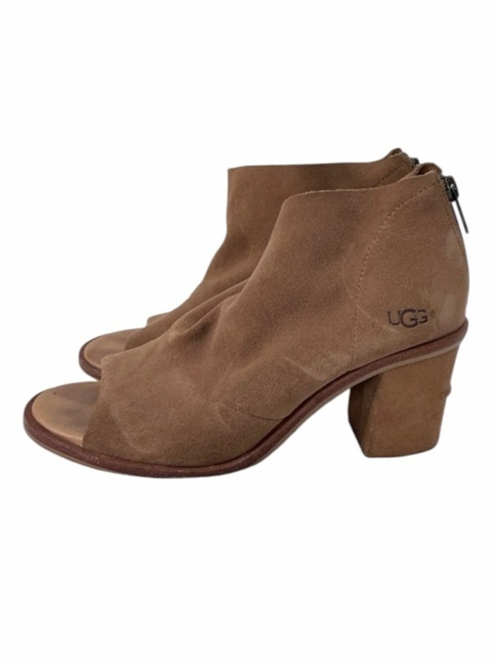 UGG Australia Suede Open Toe Booties Heels Brown Size 7.5 Block Heel Ankle Boots